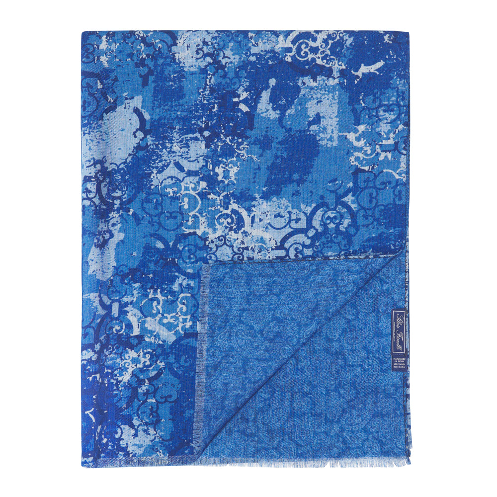 Blue Sicilian Ceramic and Paisley Double Face Wool Scarf