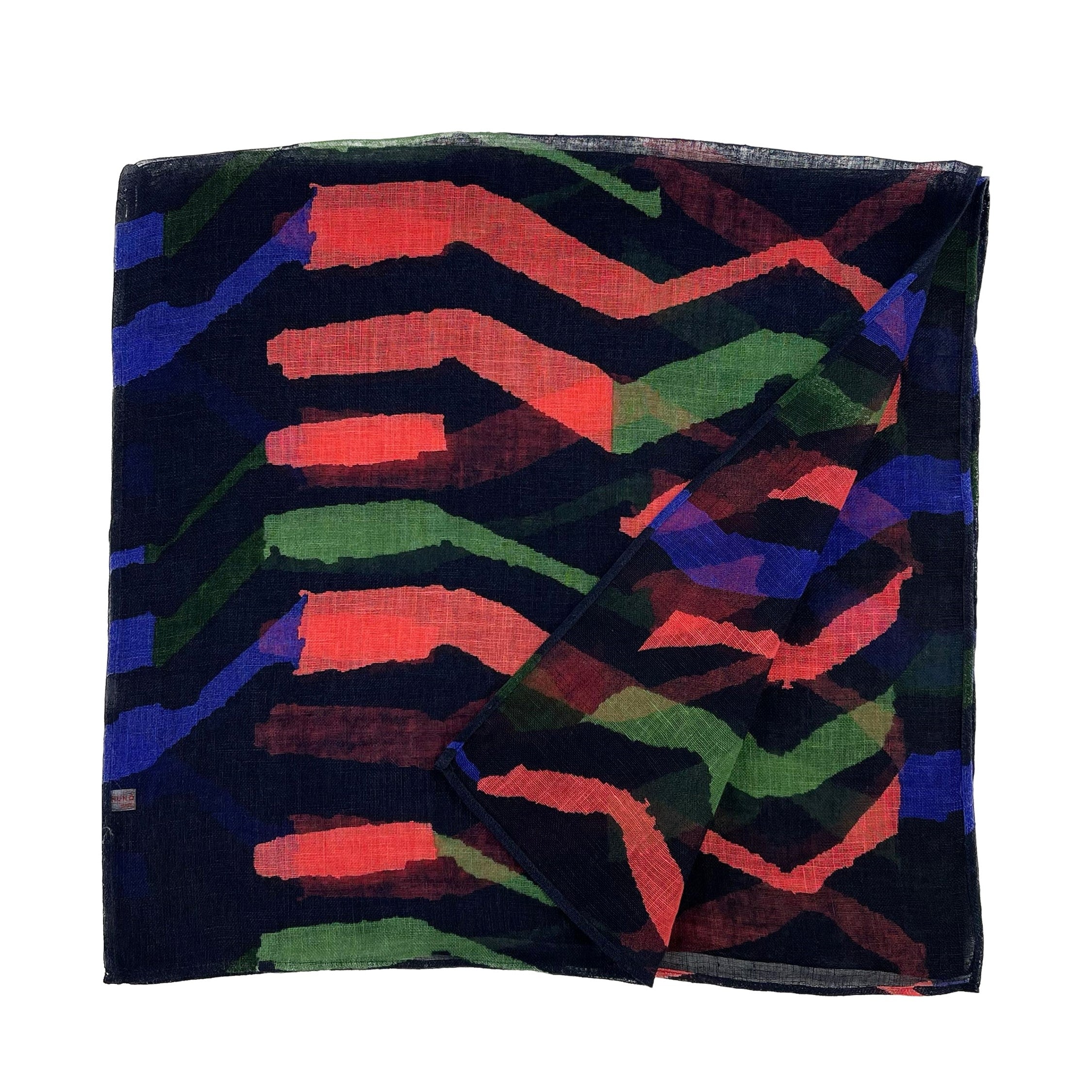 NUNO Scarf: "Rui" (Black w/ Orangish Pink/Green/Royal Blue)