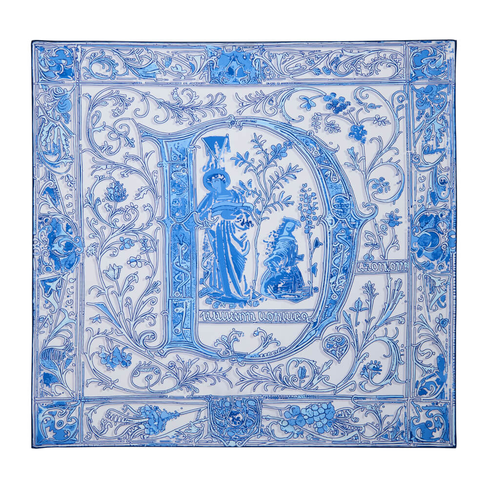 Medieval Letter D White and Light Blue Silk Scarf