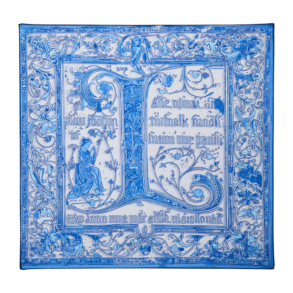 Medieval Letter L White and Light Blue Silk Scarf