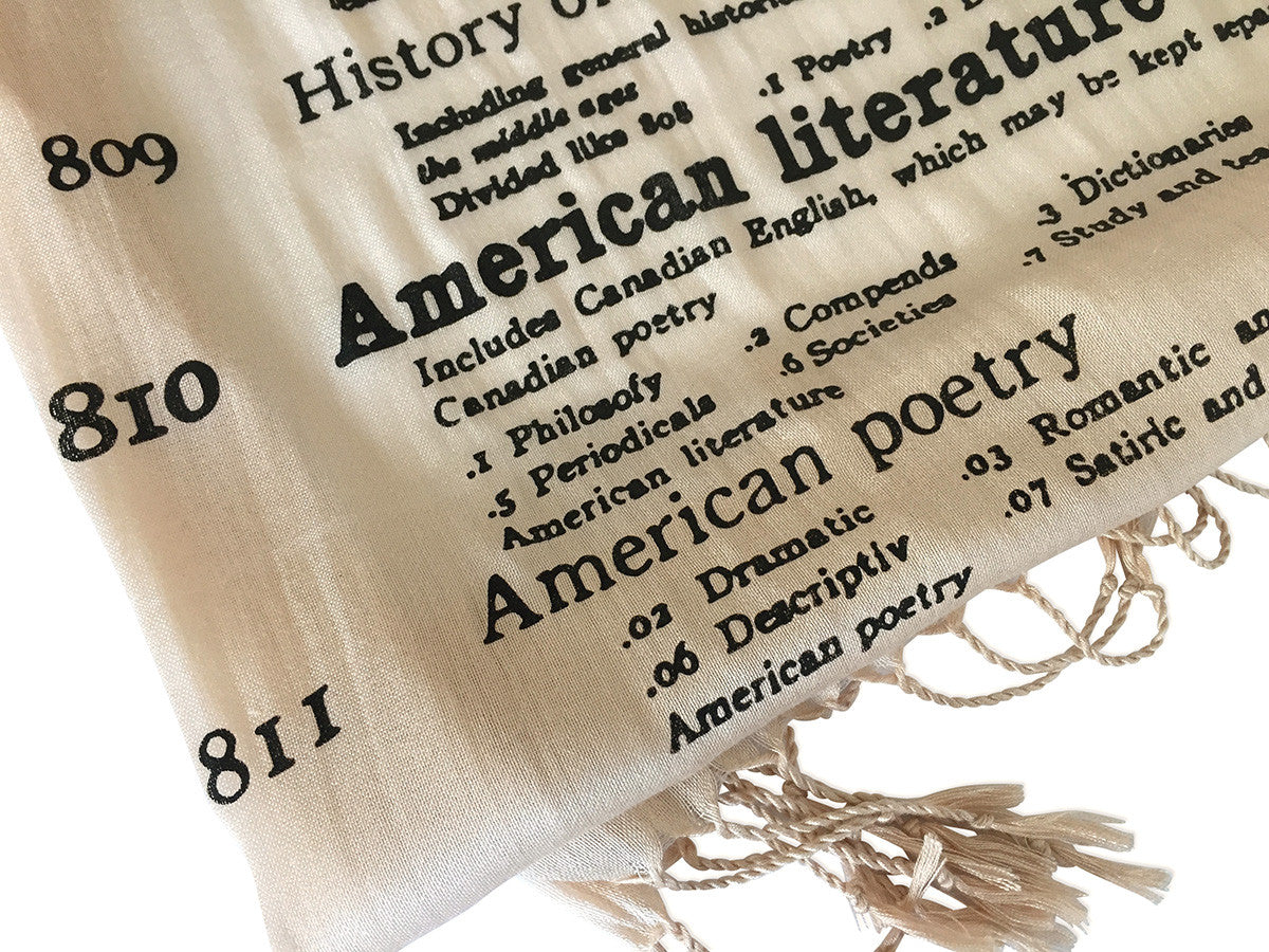 Dewey Decimal Scarf. Literary print luxe weight fringed scarf