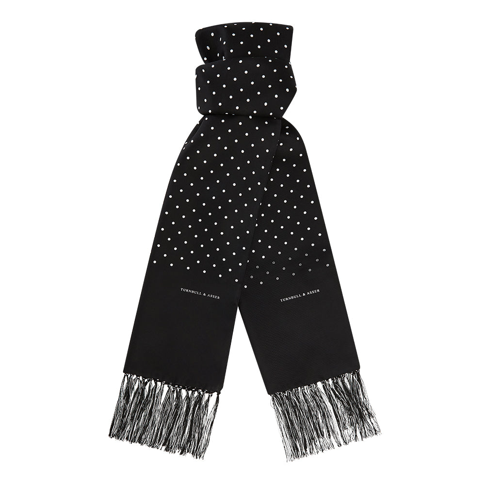 Black and White Spotted Silk Scarf with Fringes