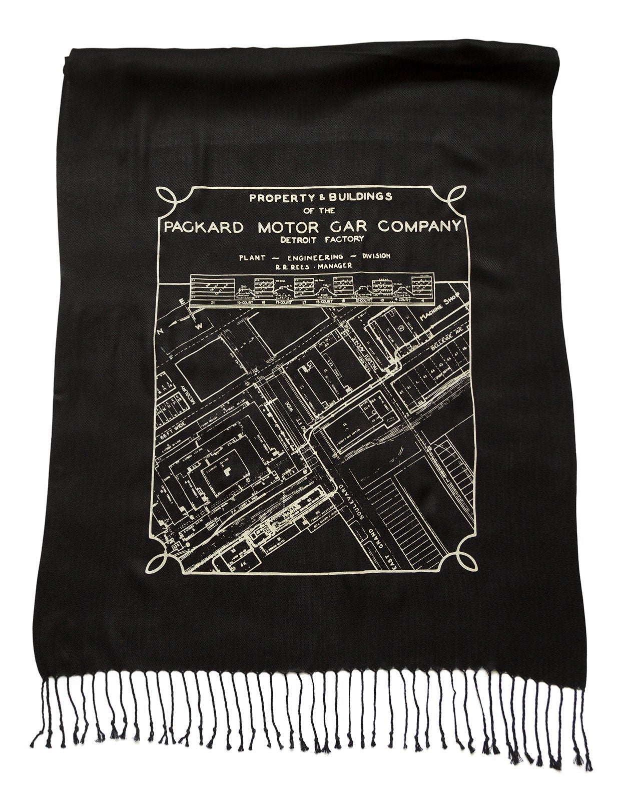 Packard Plant Engineering Blueprint Scarf, Detroit Map Linen-Weave Pashmina, by Cyberoptix