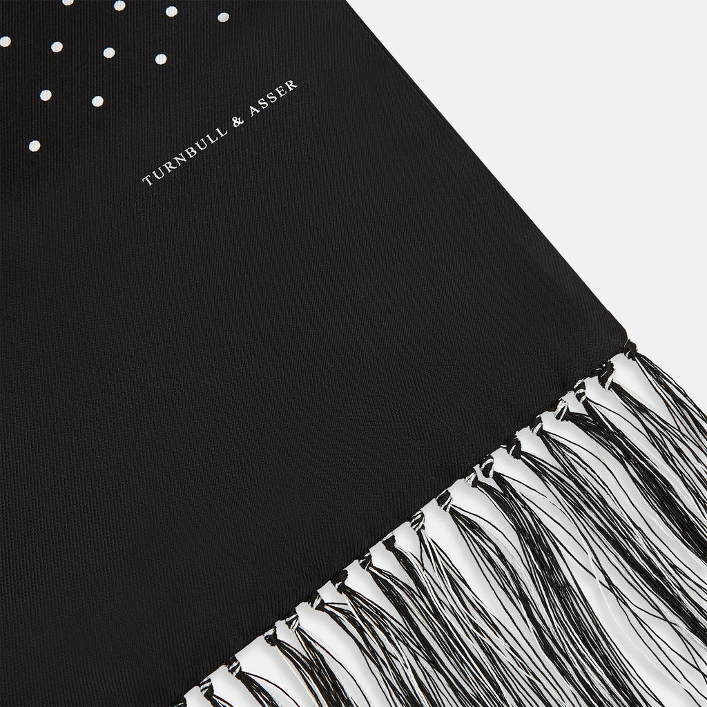 Black and White Spotted Silk Scarf with Fringes