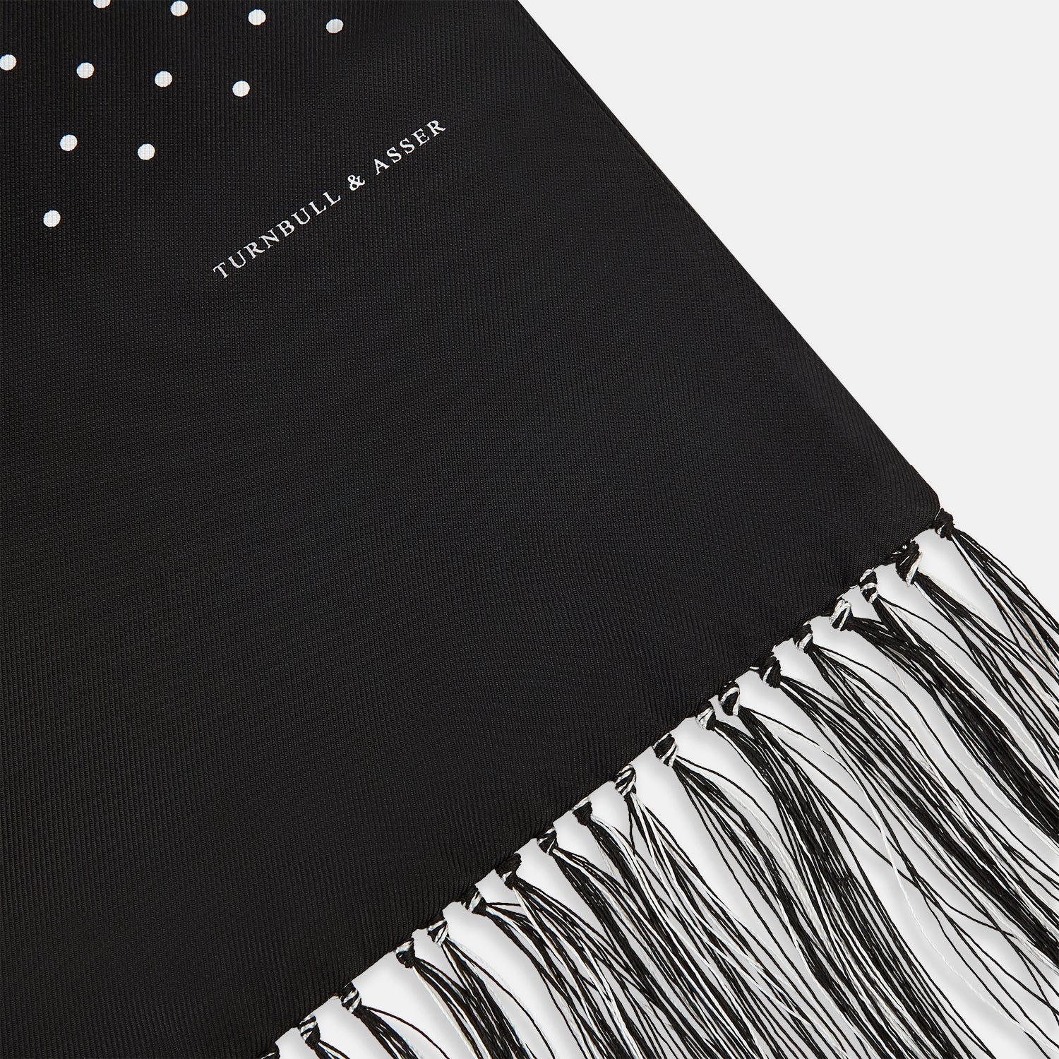 Black and White Spotted Silk Scarf with Fringes
