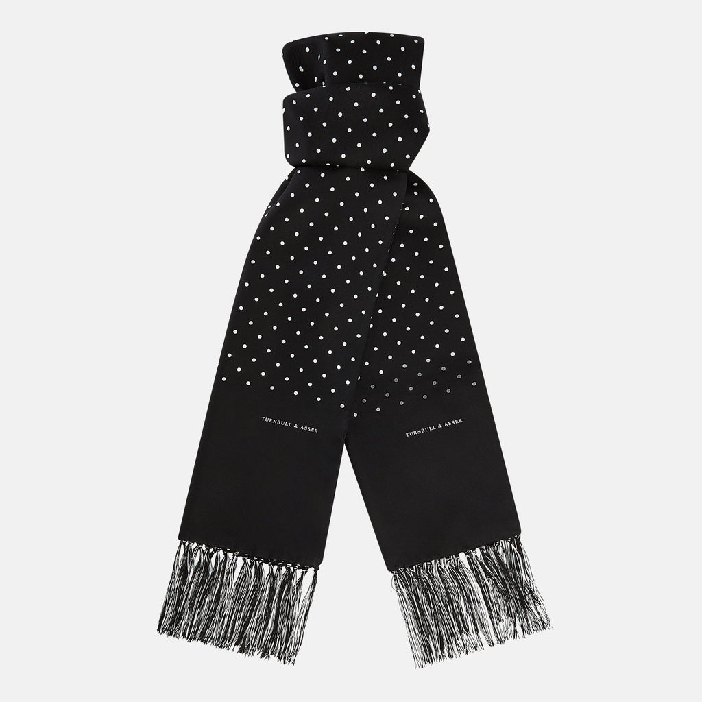 Black and White Spotted Silk Scarf with Fringes