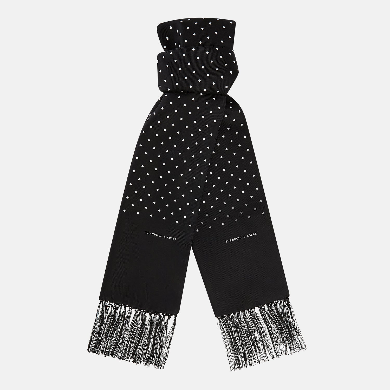 Black and White Spotted Silk Scarf with Fringes
