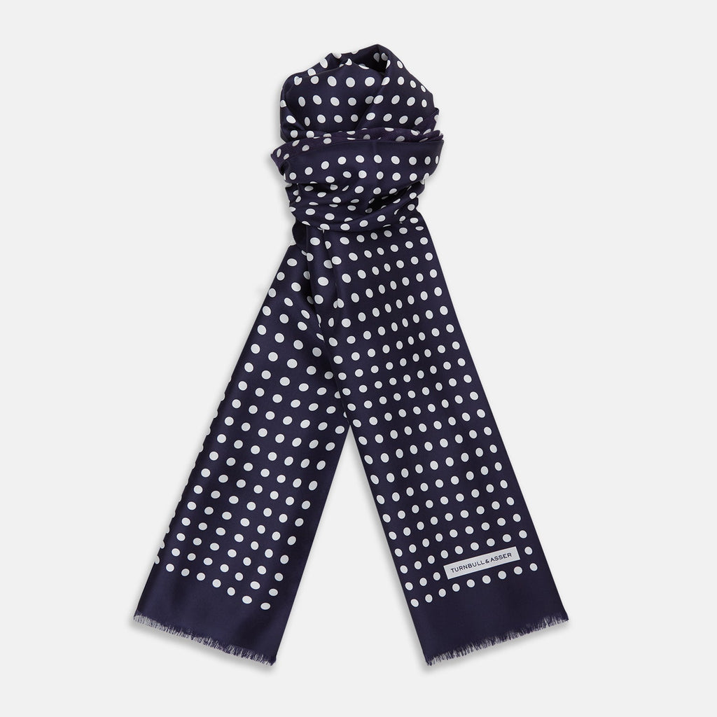 Navy and Cream Spotted Silk and Wool Scarf