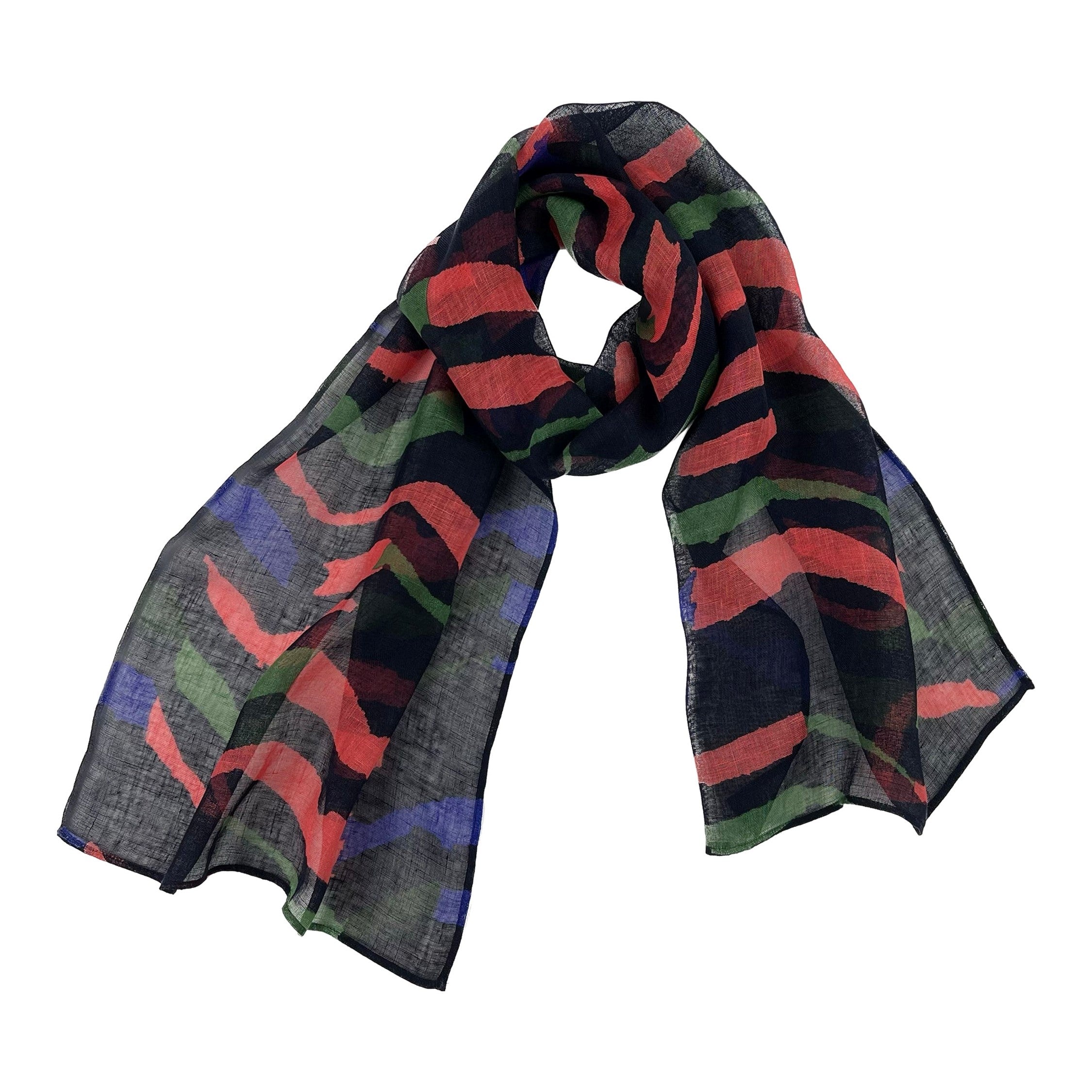 NUNO Scarf: "Rui" (Black w/ Orangish Pink/Green/Royal Blue)
