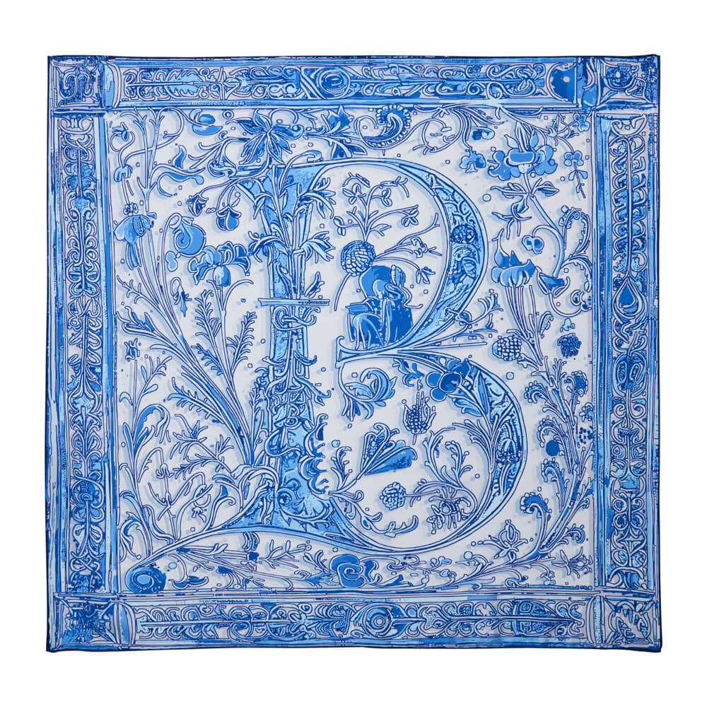 Medieval Letter B White and Light Blue Silk Scarf