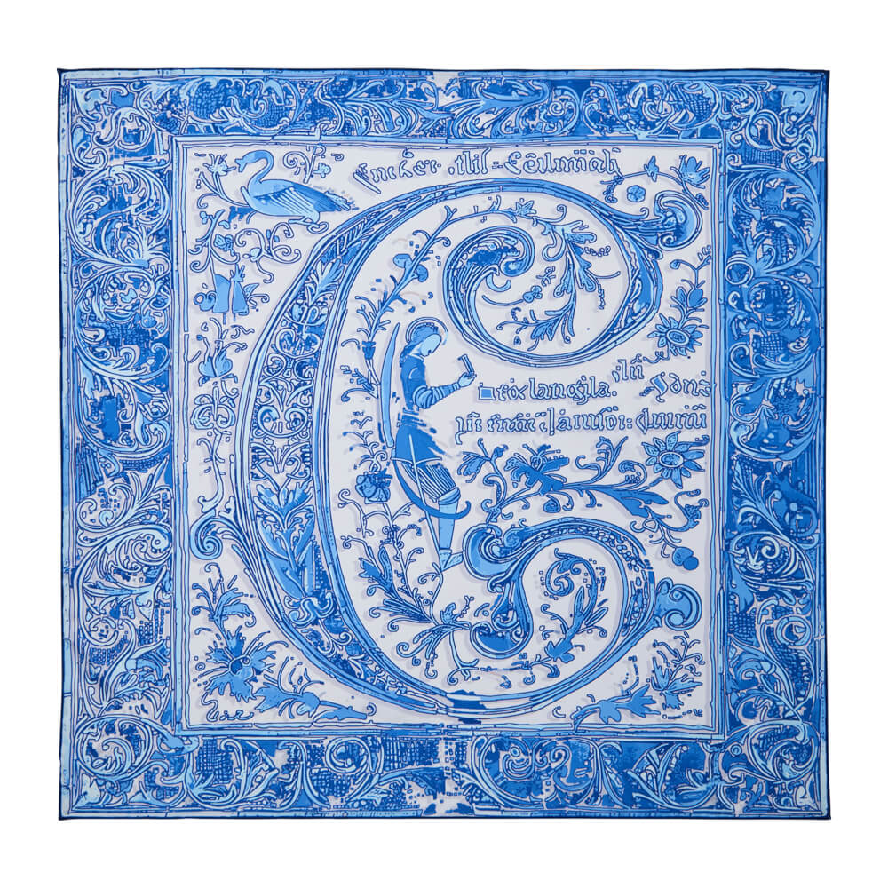 Medieval Letter C White and Light Blue Silk Scarf