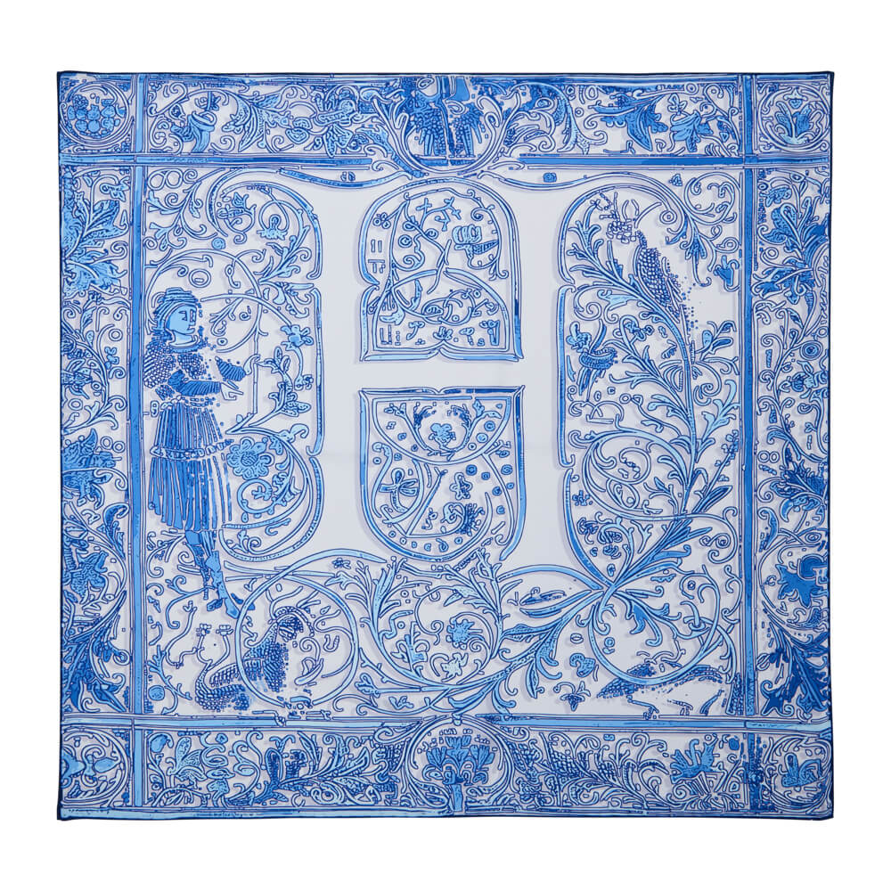 Medieval Letter H White and Light Blue Silk Scarf