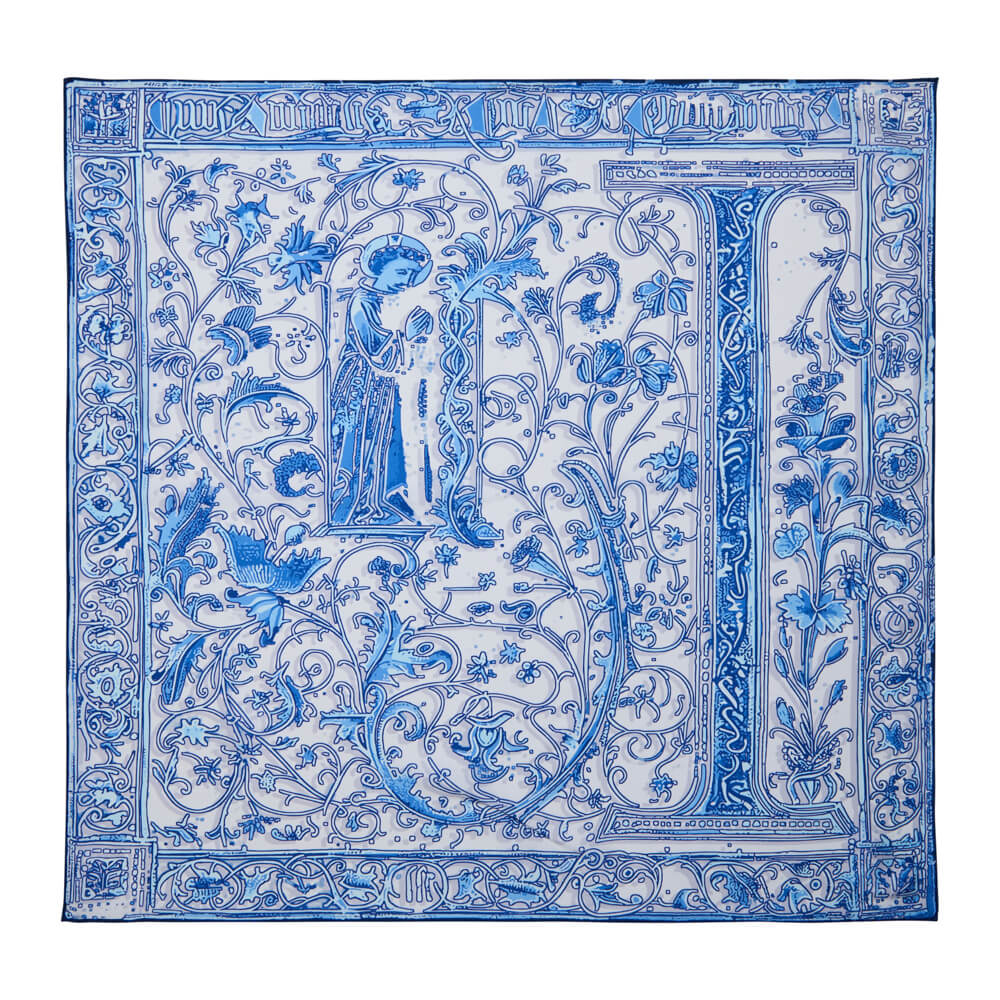 Medieval Letter I White and Light Blue Silk Scarf