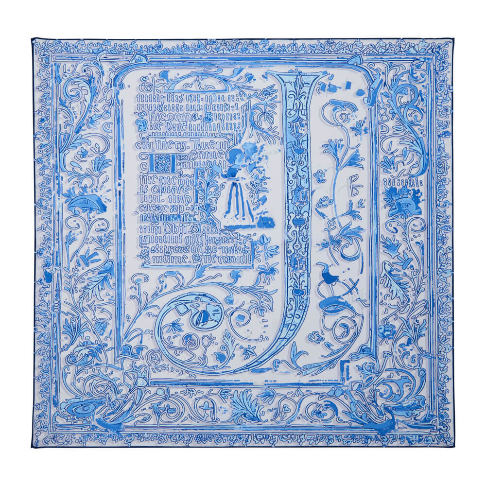 Medieval Letter J White and Light Blue Silk Scarf