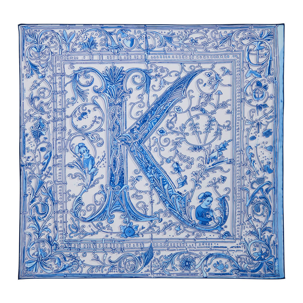 Medieval Letter K White and Light Blue Silk Scarf