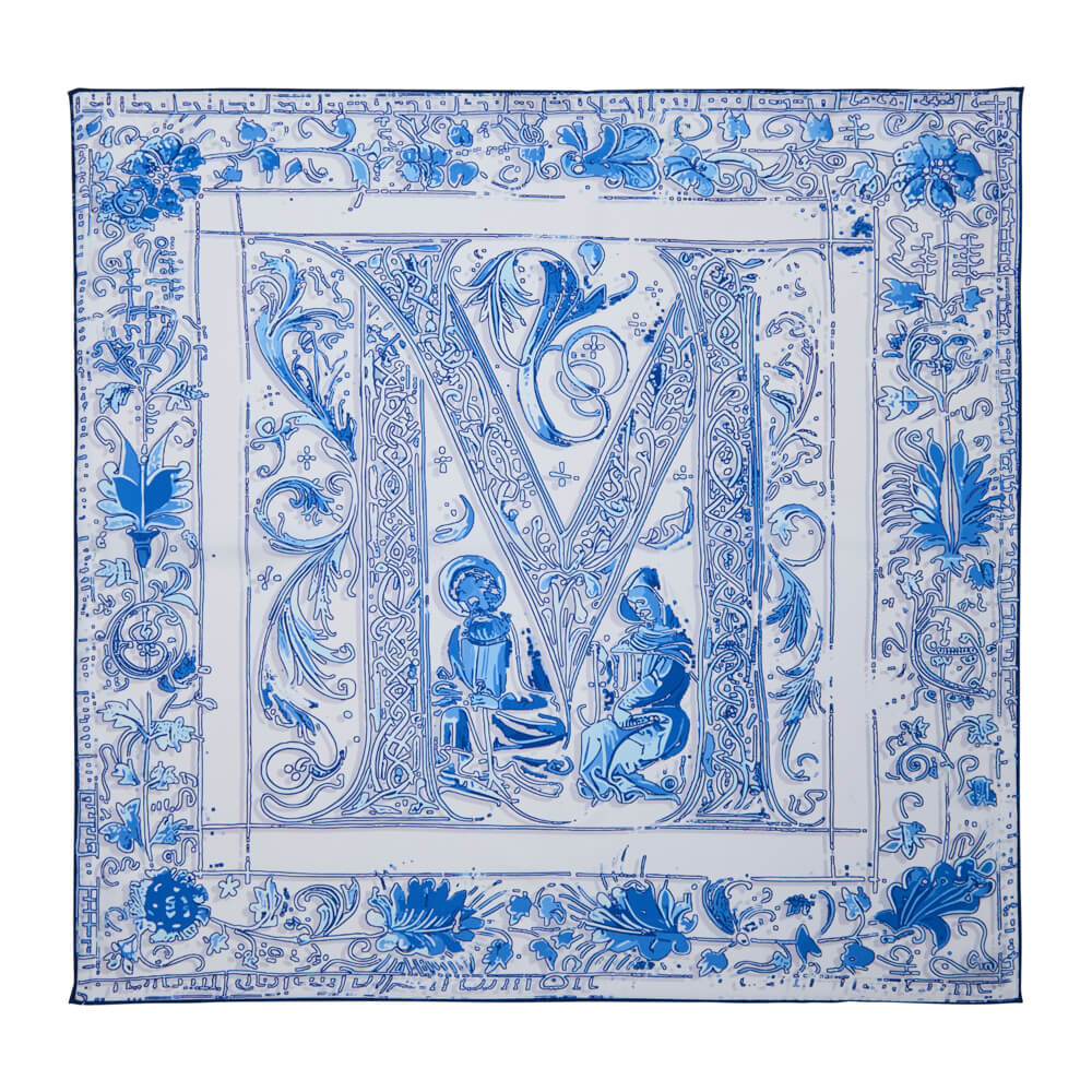 Medieval Letter M White and Light Blue Silk Scarf