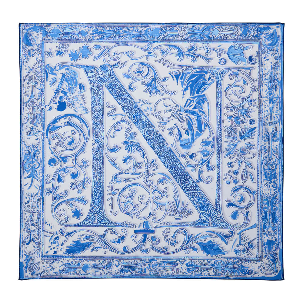 Medieval Letter N White and Light Blue Silk Scarf