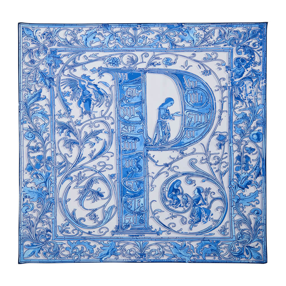 Medieval Letter P White and Light Blue Silk Scarf