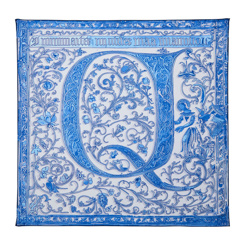 Medieval Letter Q White and Light Blue Silk Scarf