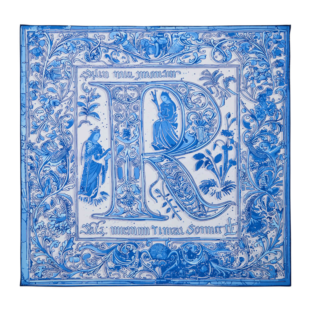 Medieval Letter R White and Light Blue Silk Scarf