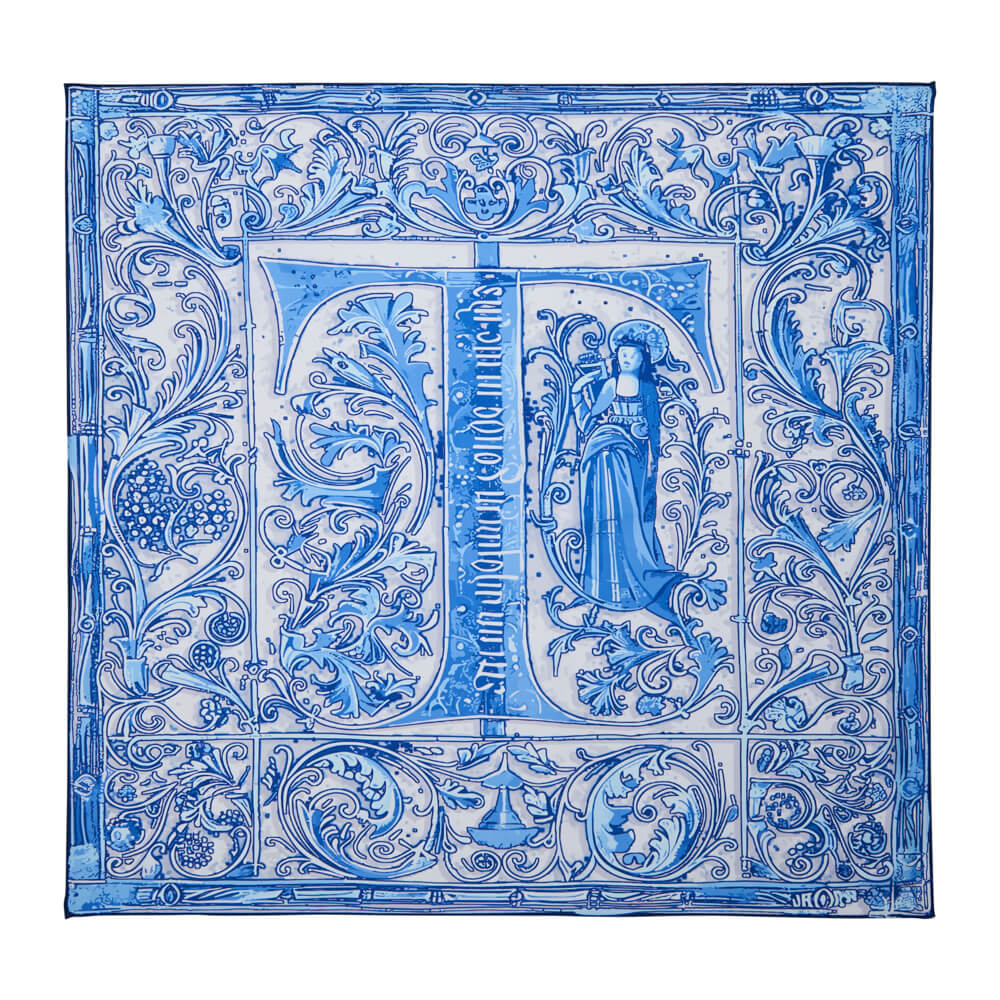 Medieval Letter T White and Light Blue Silk Scarf