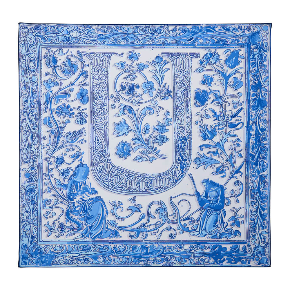 Medieval Letter U White and Light Blue Silk Scarf