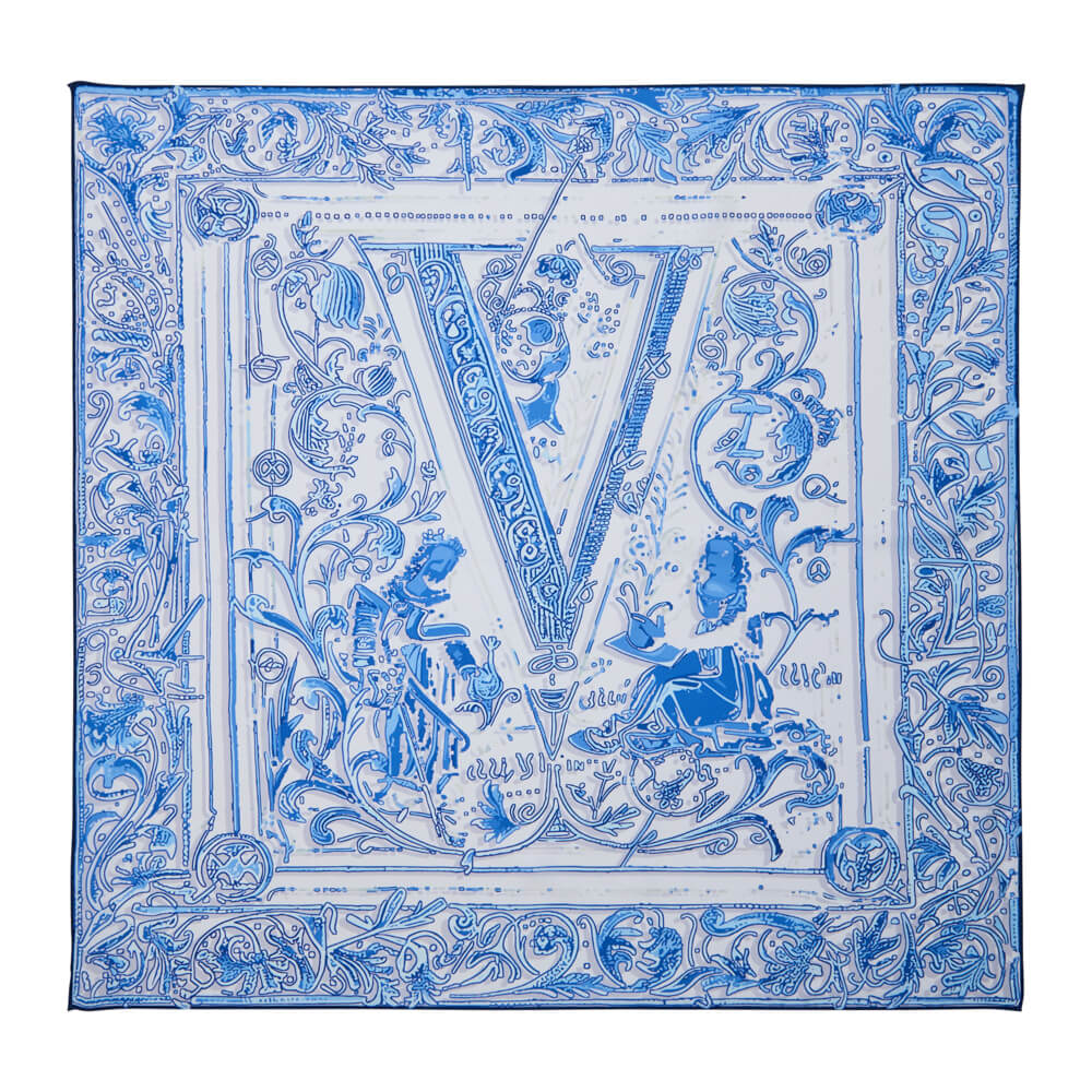 Medieval Letter V White and Light Blue Silk Scarf