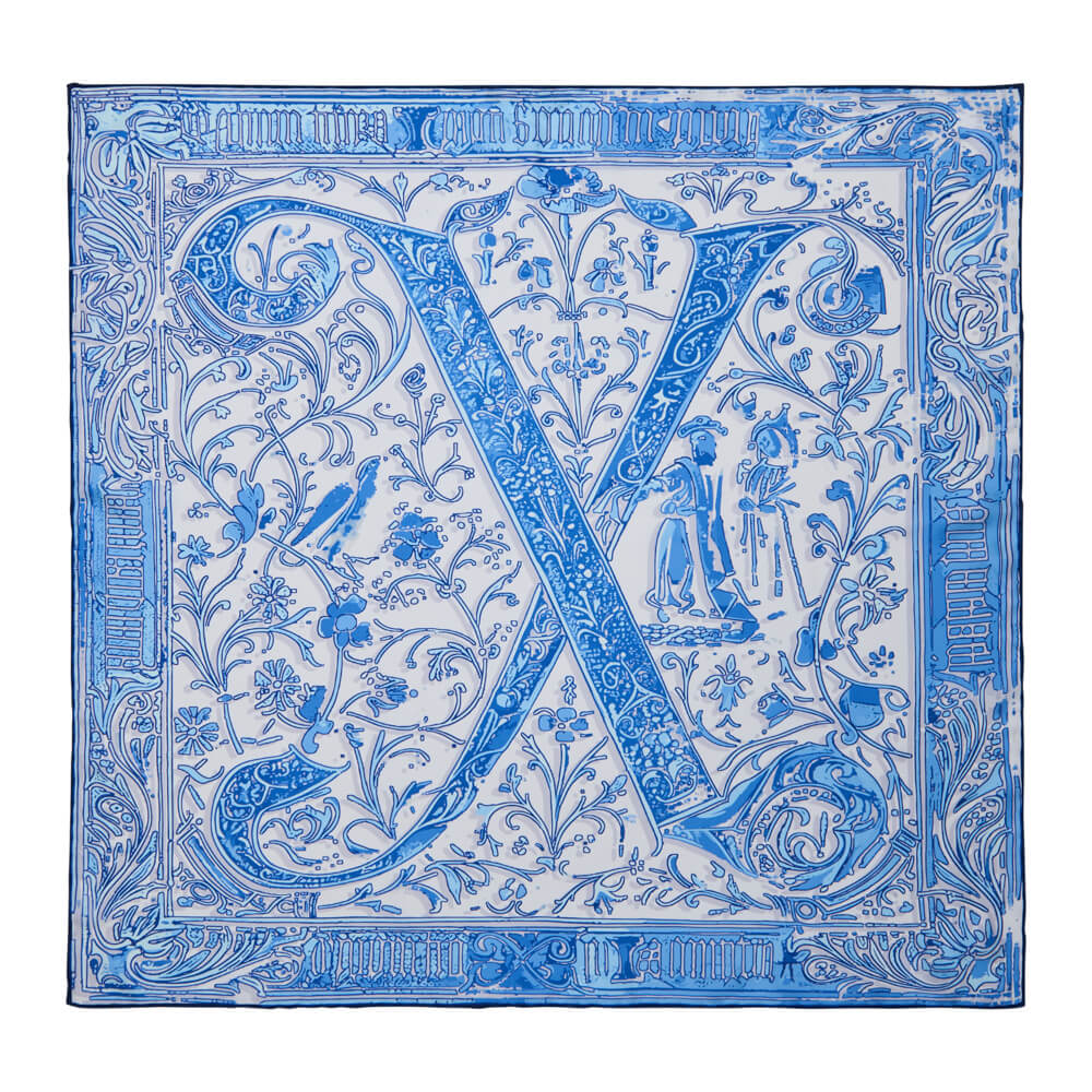 Medieval Letter X White and Light Blue Silk Scarf