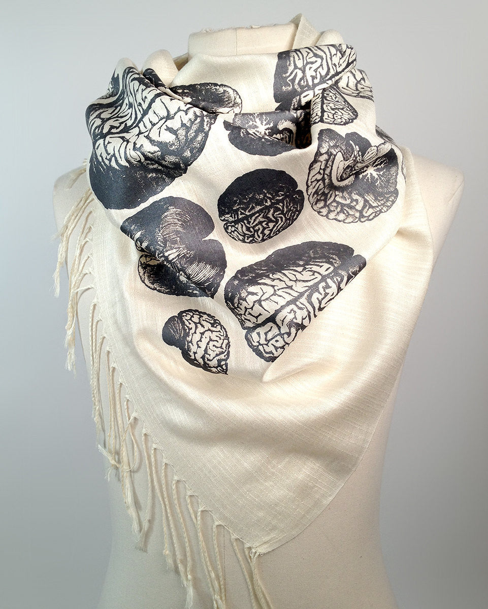 Anatomical Brain scarf. Brainstorming linen-weave pashmina