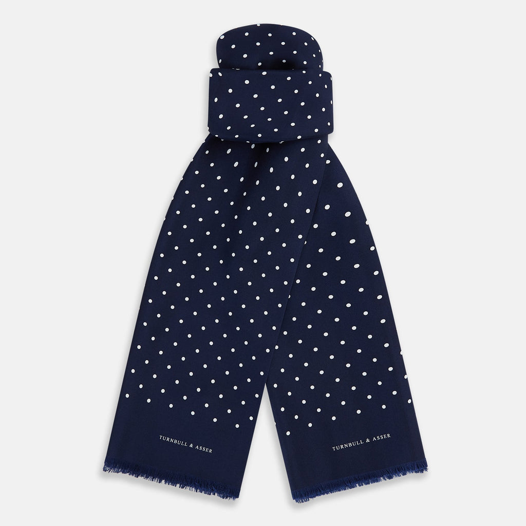 Navy and White Spotted Silk Scarf