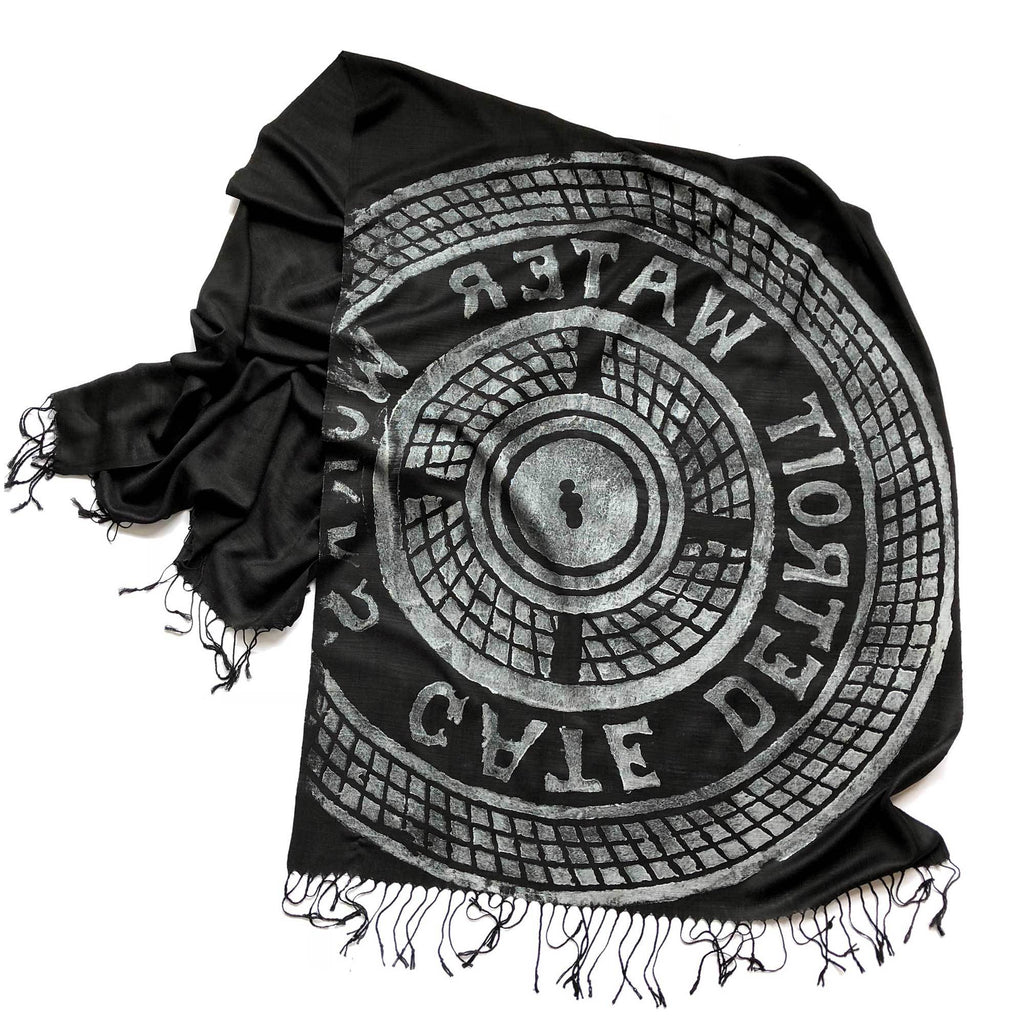 Black Manhole Cover Print Scarf, Detroit Tire bamboo pashmina