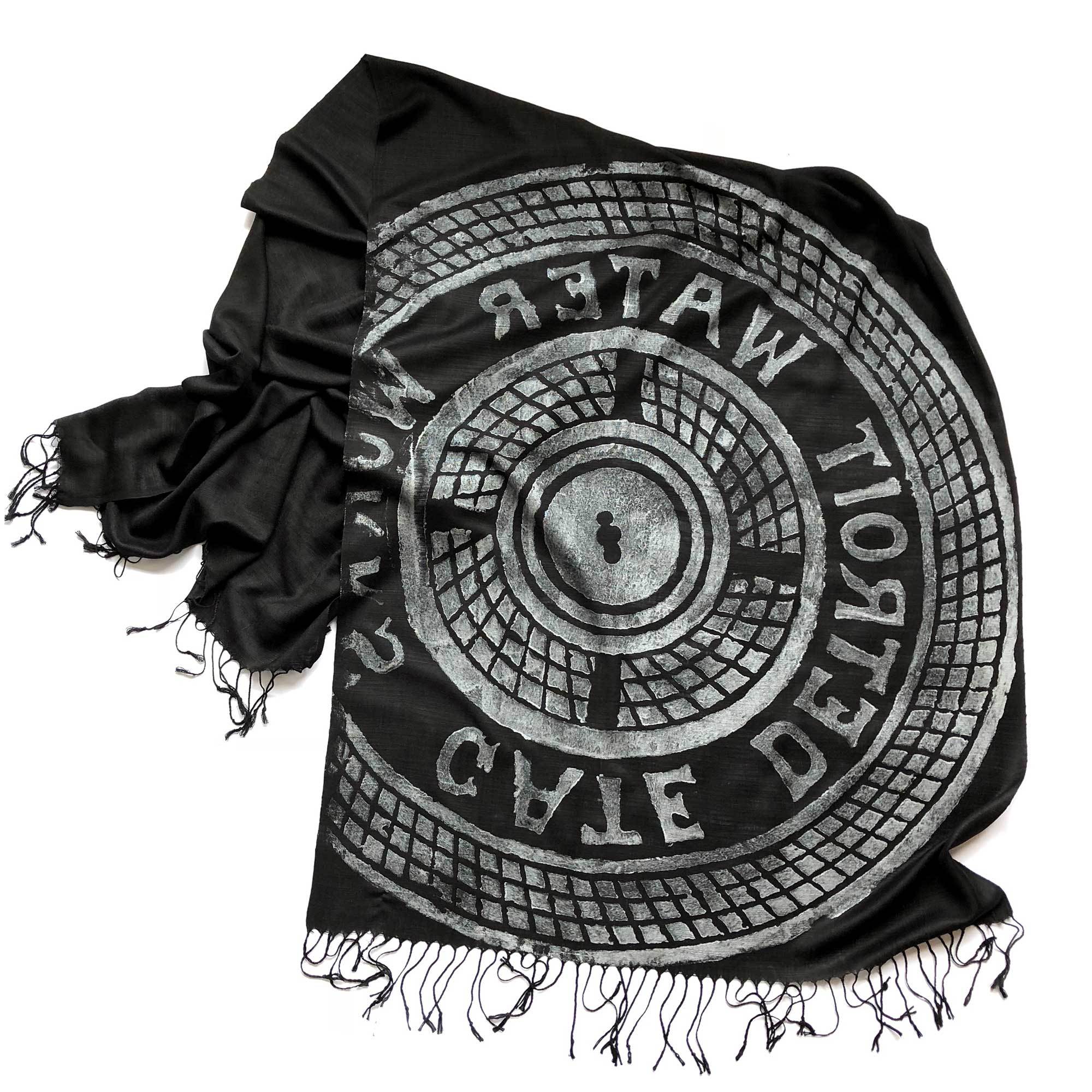 Black Manhole Cover Print Scarf, Detroit Tire bamboo pashmina