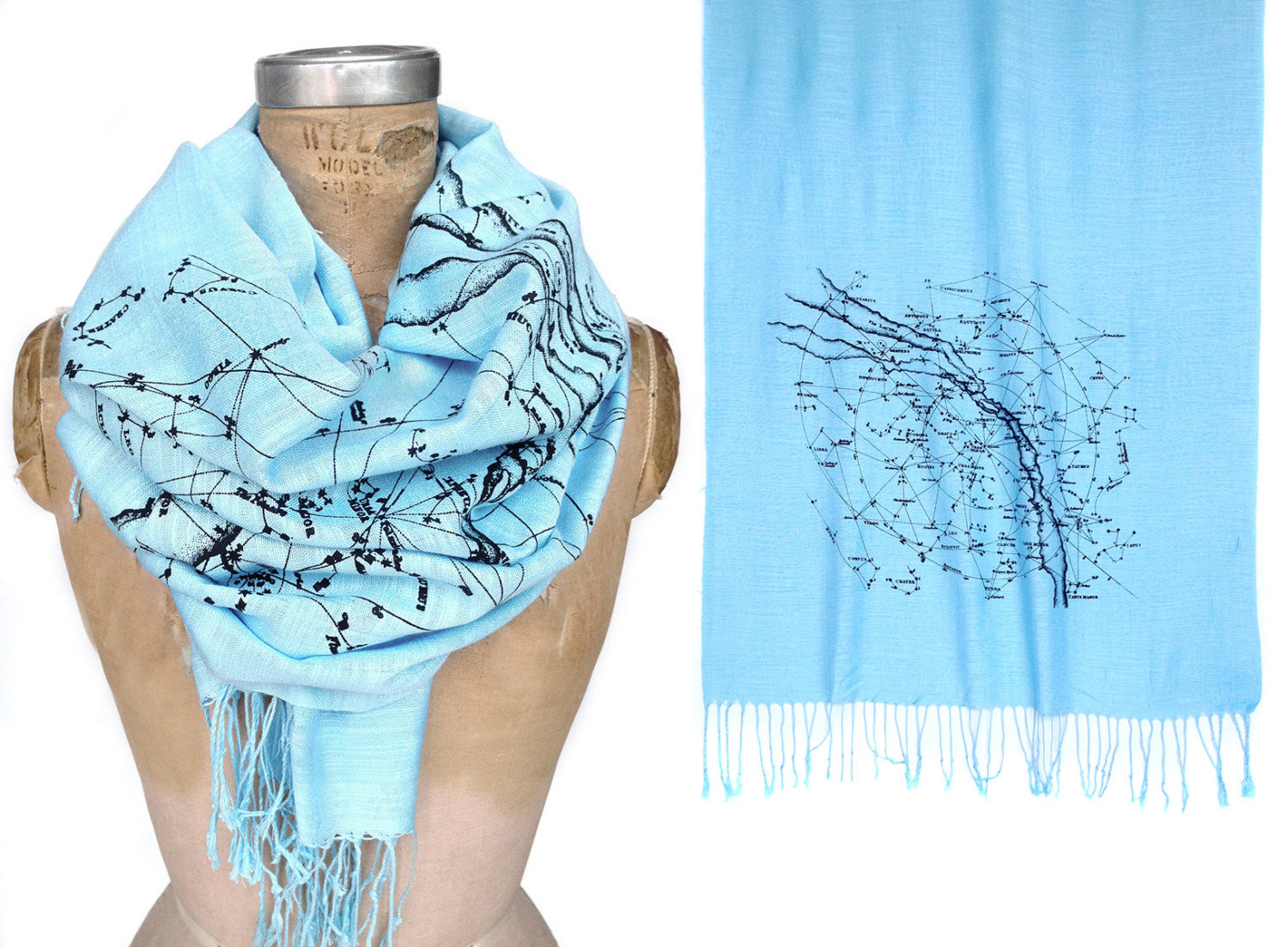 Milky Way Scarf. Navy blue on sky blue pashmina.