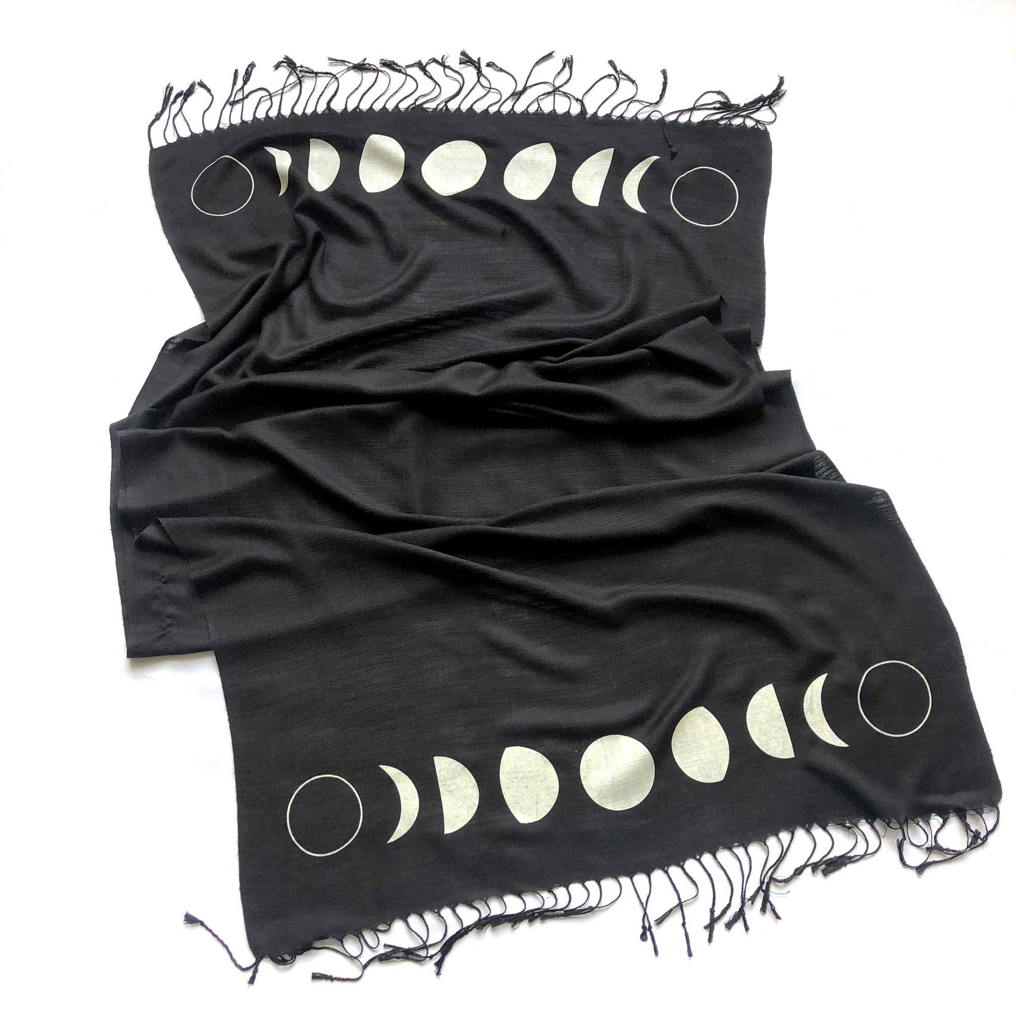 Moon Phase Screenprinted Scarf, black bamboo pashmina, by Cyberoptix 