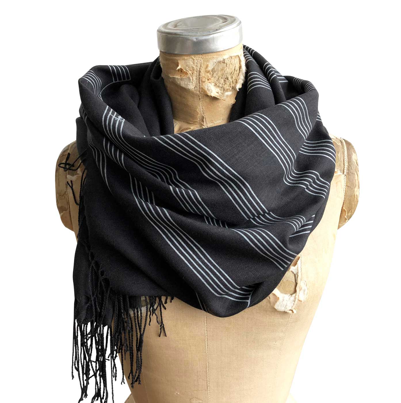 Music Manuscript Paper Bamboo Scarf, Black. Sheet Music Pashmina, by Cyberoptix