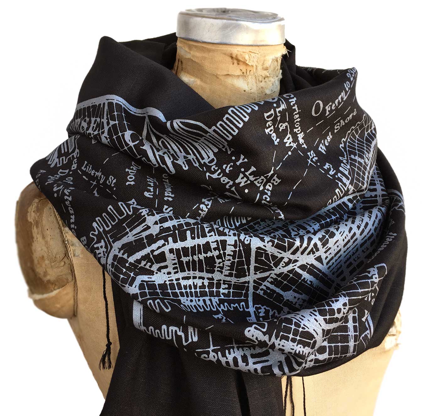 New York City Map Black Scarf, Brooklyn & Manhattan Linen-Weave Pashmina, by Cyberoptix