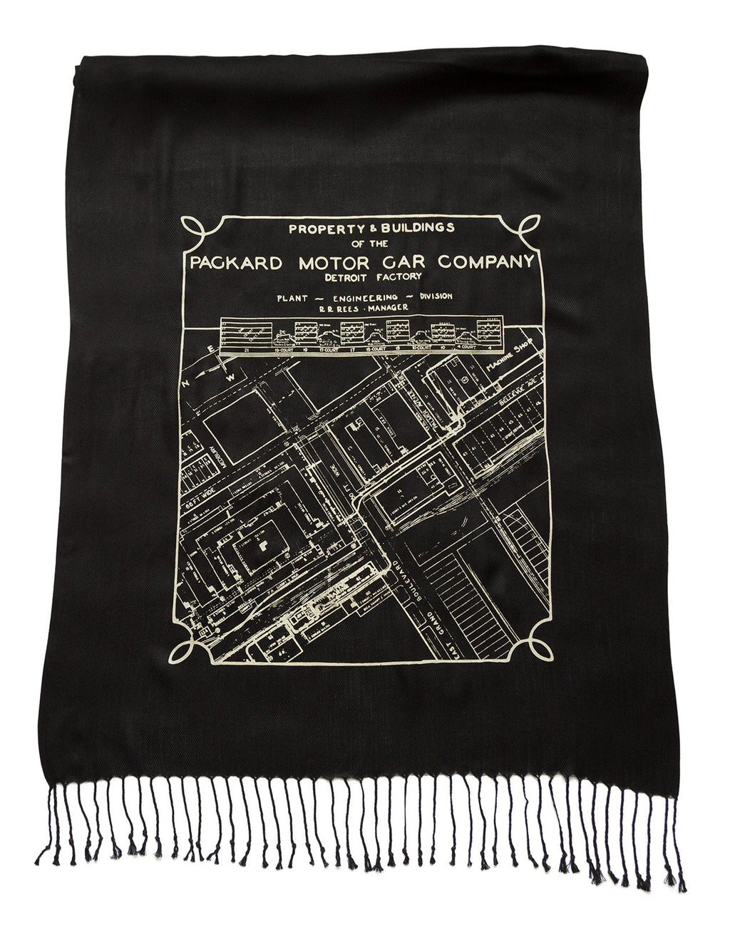 Packard Plant Engineering Blueprint Scarf, Detroit Map Linen-Weave Pashmina, by Cyberoptix