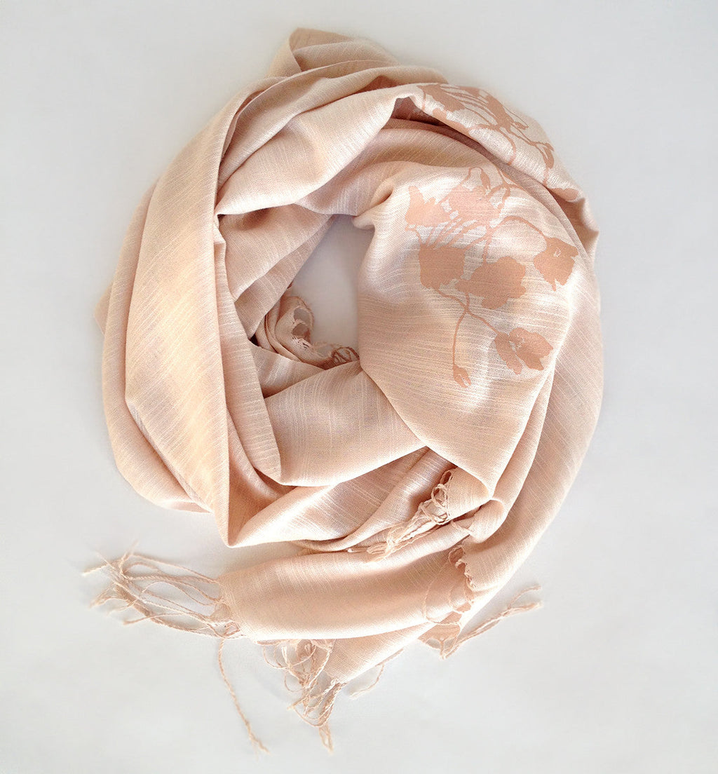 Poppies Scarf. Floral print, linen-weave pashmina