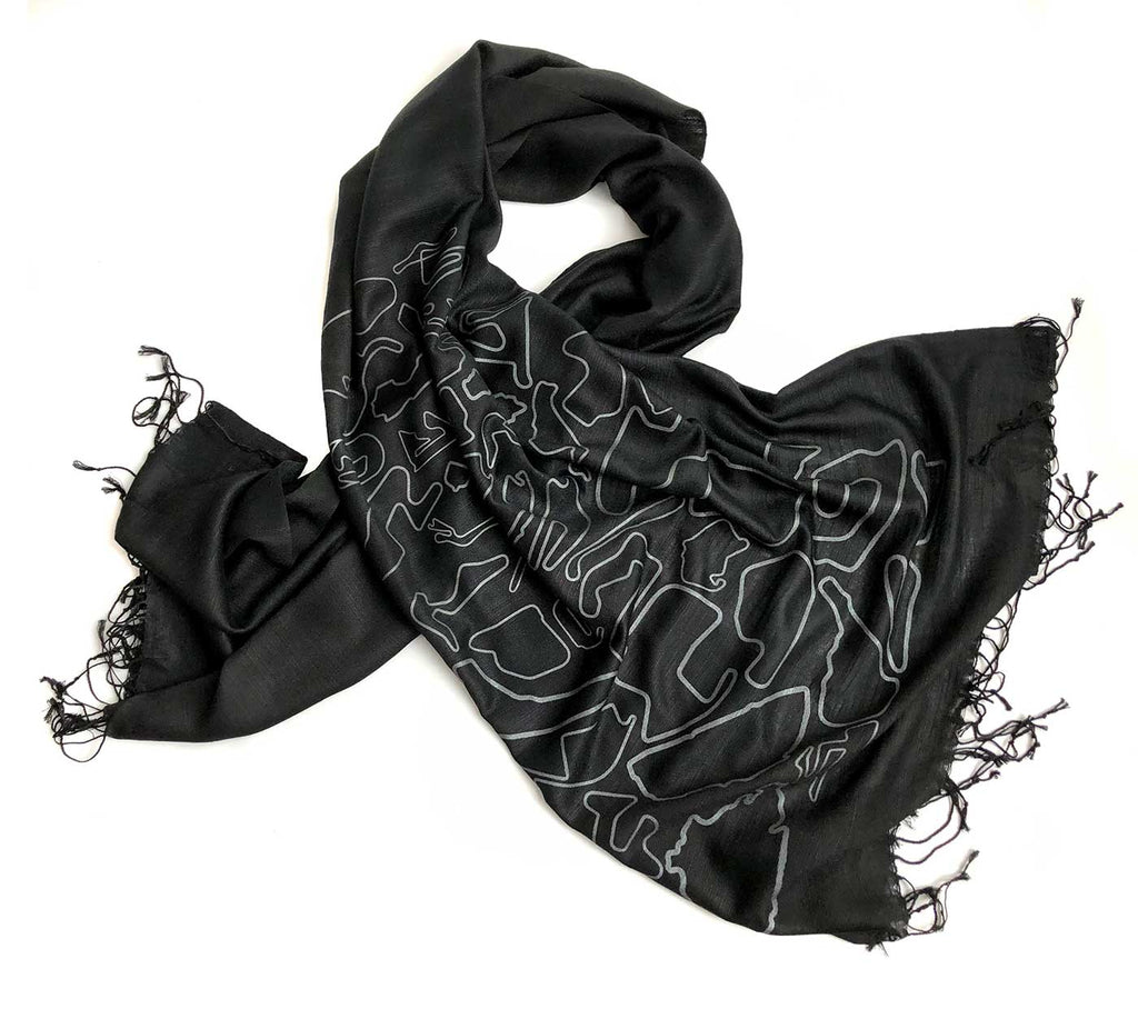 Race Track Maps Scarf, Racing enthusiast black linen-weave pashmina, Cyberoptix