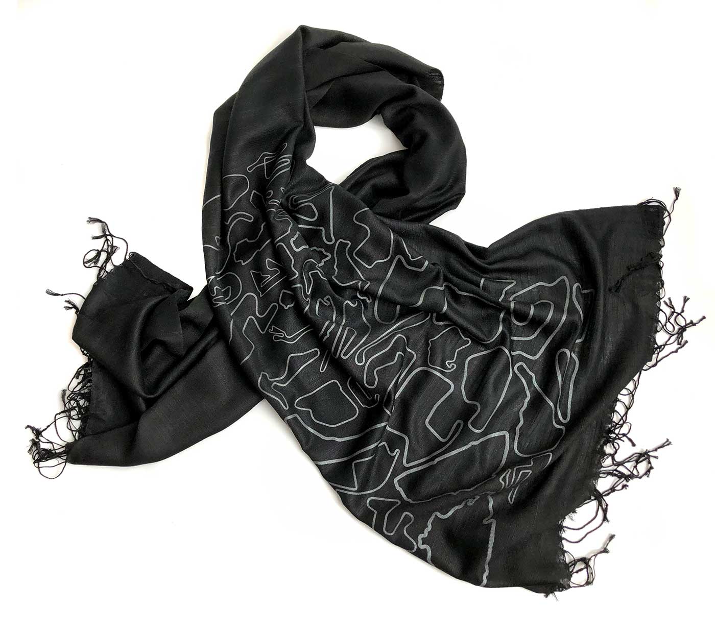Race Track Maps Scarf, Racing enthusiast black linen-weave pashmina, Cyberoptix