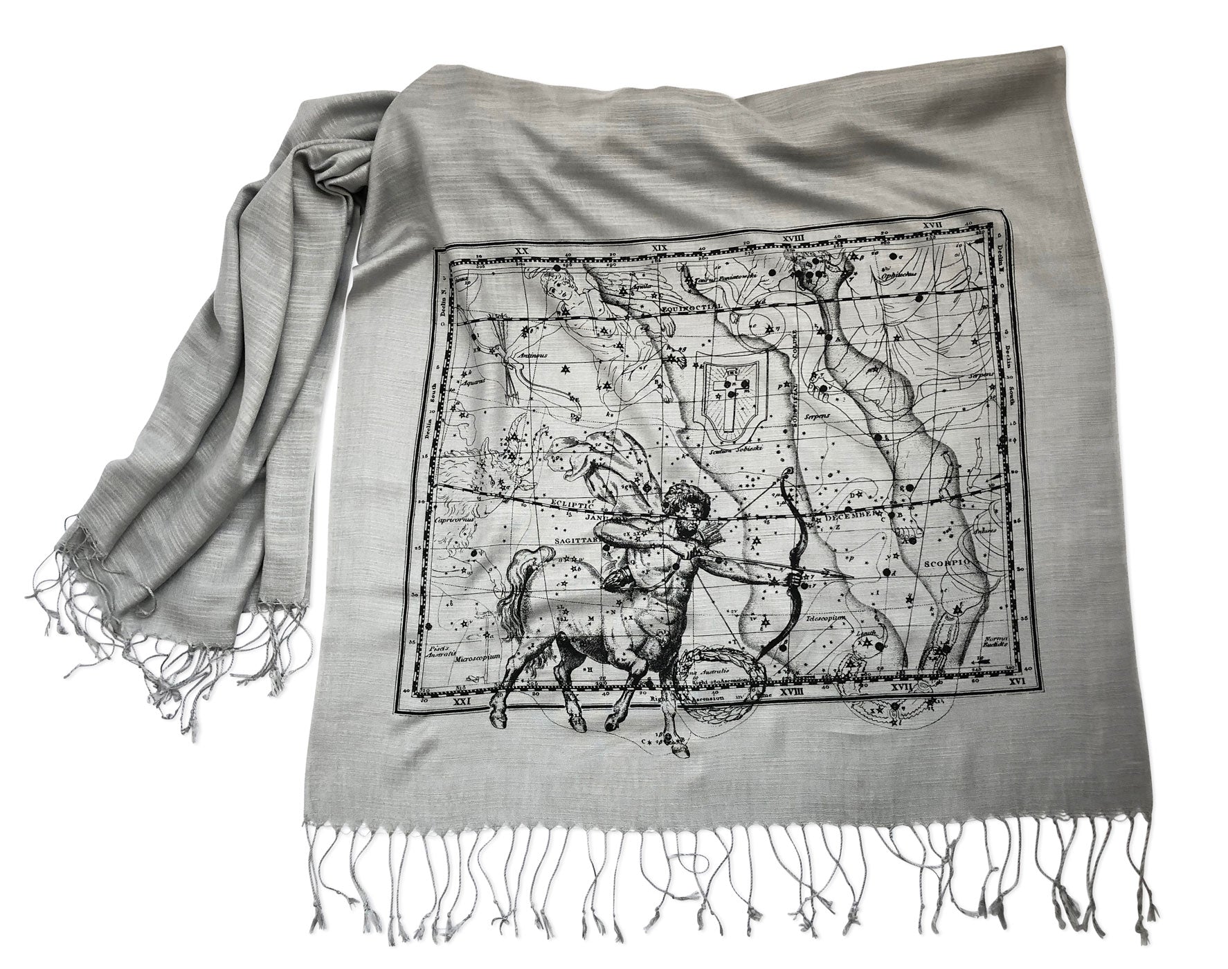 Sagittarius Zodiac Scarf, Black on Silver Linen-Weave Pashmina, by Cyberoptix