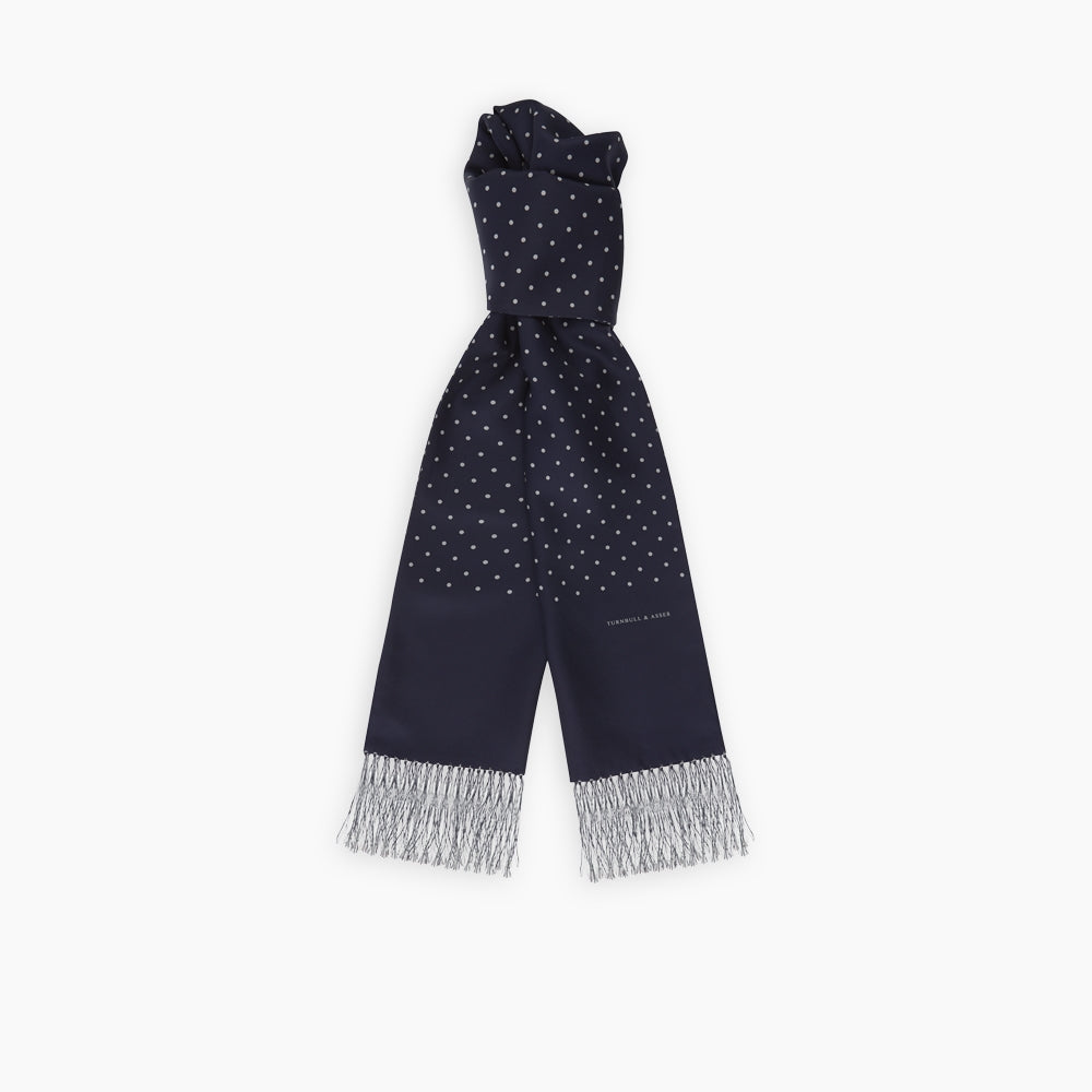 Navy and White Spotted Silk Scarf with Fringes