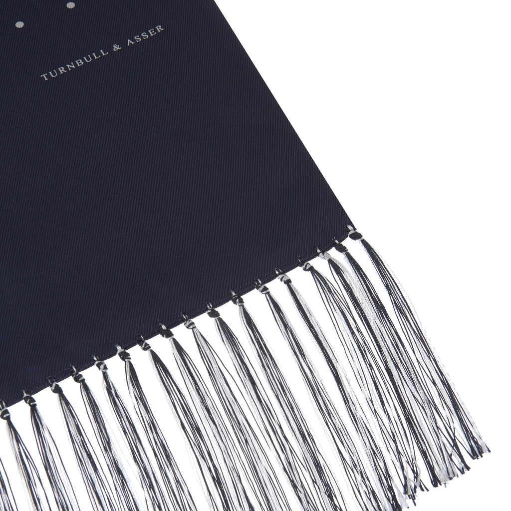 Navy and White Spotted Silk Scarf with Fringes