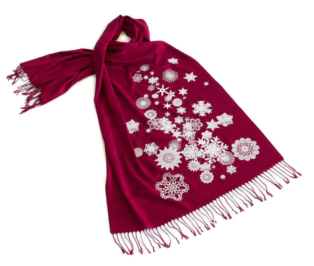 Snowflake Scarf. Snow Print Linen-Weave Pashmina