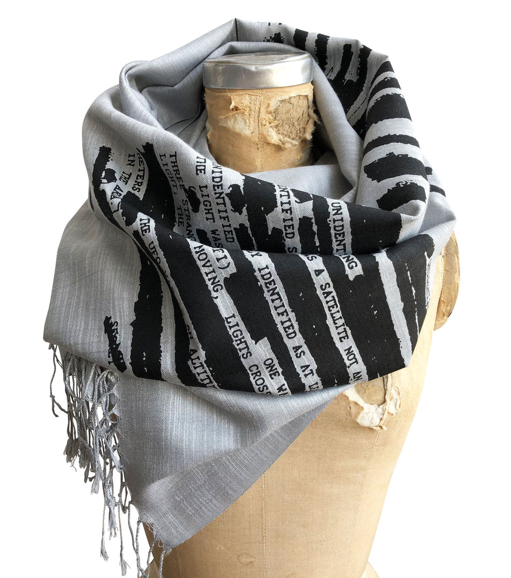 Unidentified Flying Object Print Scarf, Black on Silver. Declassified Document Linen-Weave Pashmina, by Cyberoptix