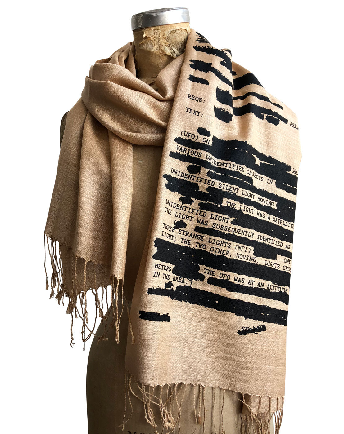 Declassified CIA/NSA Memo Scarf, Black on Sand. Aliens Linen-Weave Pashmina, by Cyberoptix
